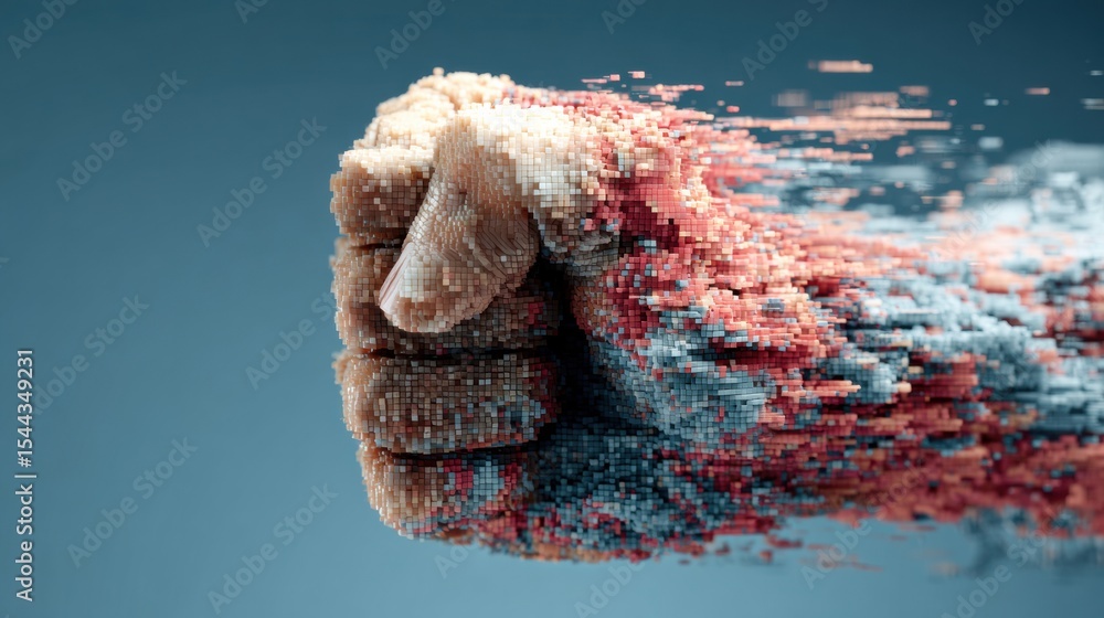 Leinwandbilder Close-up of a Clenched Fist Dissolving Into Pixels With a Soft Gradient Background Representing Digital Transformation