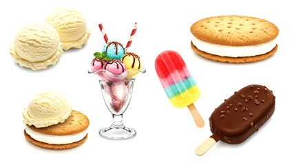 Sweet dessert ice cream set with chocolate, strawberry, and fruit isolated on white