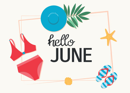 Hello June phrase. Summer holiday card. Template for invitation, congratulation, banner, poster, sale, post.