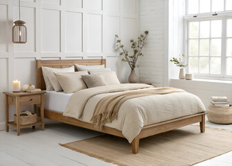 Cozy minimalist bedroom interior featuring beige linens, wooden bed frame, soft pillows, ceramic candle holders, clean white background, natural side window light, calm and warm atmosphere