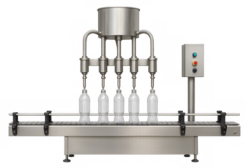 Automatic bottling machine filling bottles on transparent background