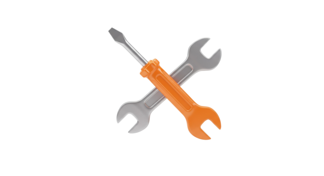 Screwdriver and wrench crossed icon representing repair, maintenance, and DIY concept isolated on a transparent background, png, cutout.
