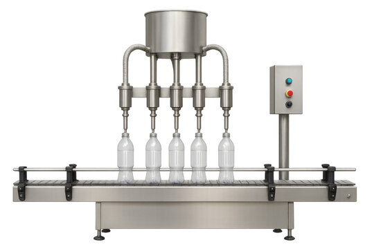 Automatic bottling machine filling bottles on transparent background - Powered by Adobe