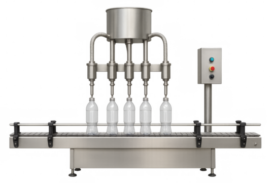 Automatic bottling machine filling bottles on transparent background