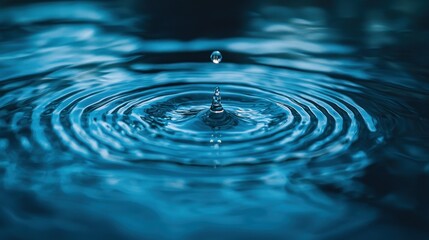 A single water droplet impacting a still, dark blue surface.  Ripples radiate outward from the impact point