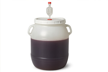 Fermenting wine in plastic carboy with airlock on transparent background