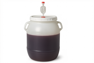 Fermenting wine in plastic carboy with airlock on transparent background