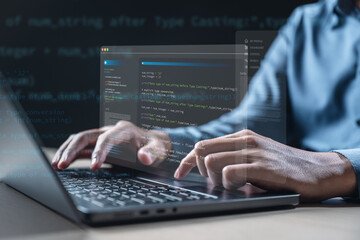 Software development business concept. Programmer coding computer. Developer programming web...