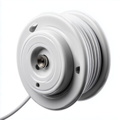 Retractable cord reel with white cable isolated on white background  