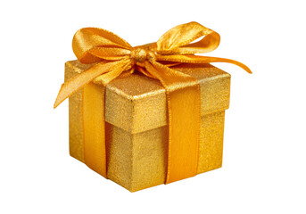 Obraz premium Gold gift box with golden ribbon bow isolated on black background, On Transparent Background, Png Image