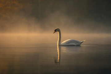 Solitary White Swan in Early Morning Misty Waters