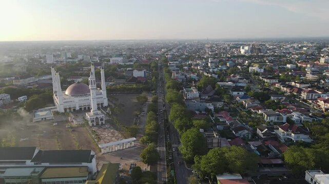 Mujahidin Grand Mosque Pontianak, seen from a height in the afternoon before sunset. The largest and main mosque in Pontianak, the capital city of West Kalimantan Province, Indonesia.