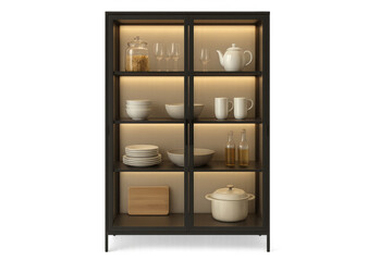 Modern black glass display cabinet with integrated lighting showcasing crockery and kitchenware on transparent background