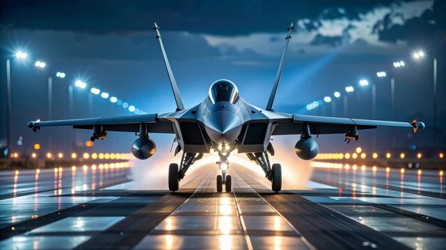 Military jet taking off night runway