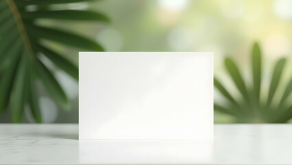 Clean Branding A white card mockup displayed in front of leafy bokeh background, styled in a natural minimal product branding scene with soft lighting and clean composition (2)