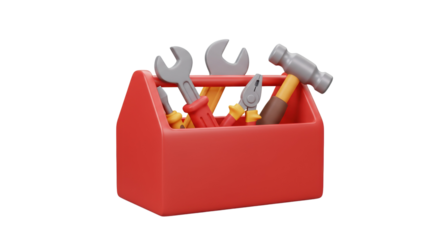 Red toolbox filled with assorted hand tools including wrench and screwdriver for repair work isolated on a transparent background, png, cutout.