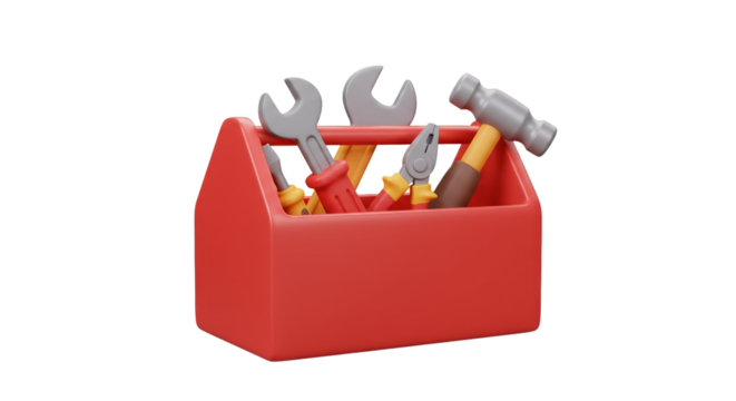 Red toolbox filled with assorted hand tools including wrench and screwdriver for repair work isolated on a transparent background, png, cutout.