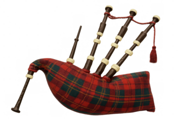 Traditional scottish bagpipes with red tartan pattern on transparent background