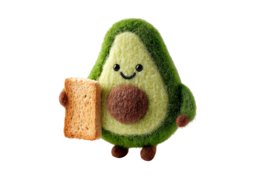 Adorable avocado character holding toast cute felt food, On Transparent Background, Png Image