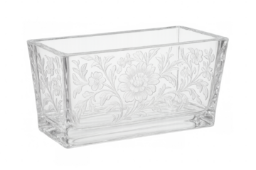 Empty rectangular glass container with floral decoration on transparent background