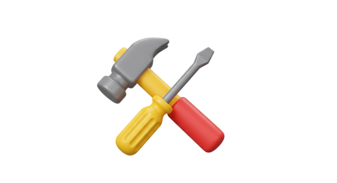 Crossed claw hammer and flathead screwdriver icon representing repair or maintenance isolated on a transparent background, png, cutout. - Powered by Adobe