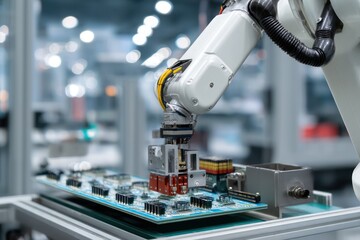 Robotic arm assembling electronic components with precision in a high-tech manufacturing facility.
