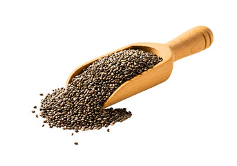 Chia seeds in metal spoon isolated on transparent background