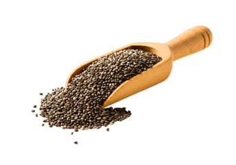 Chia seeds in metal spoon isolated on transparent background