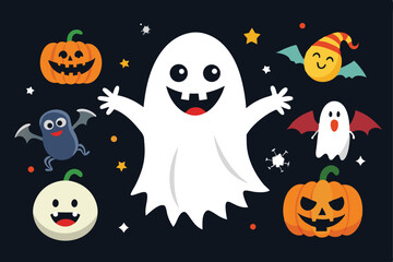 Fototapeta premium A cheerful Halloween-themed illustration featuring a happy ghost, various pumpkins, bats, and other festive elements on a dark background.