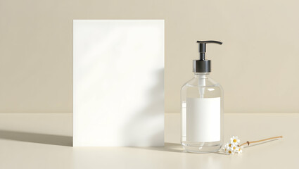 Obraz premium Clean Branding A glass pump bottle presented on a terrazzo concrete block, captured in soft natural light for clean skincare branding with neutral tones and botanical aesthetics (2)