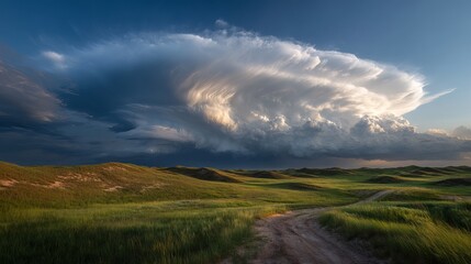 Majestic supercell thunderstorm clouds over nebraska sand hills during dramatic weather formation