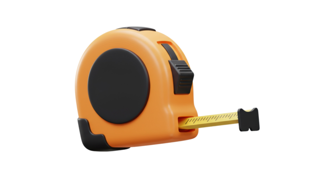 Orange and black tape measure used for measuring distance and length in construction and renovation isolated on a transparent background, png, cutout.
