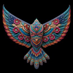 Obraz premium Intricately Designed Colorful Bird with Vibrant Floral Patterns and Artistic Details Against a Black Background