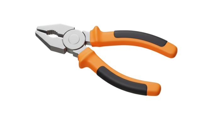 Orange and black pliers tool used for gripping and bending wires in electrical or mechanical tasks isolated on a transparent background, png, cutout.