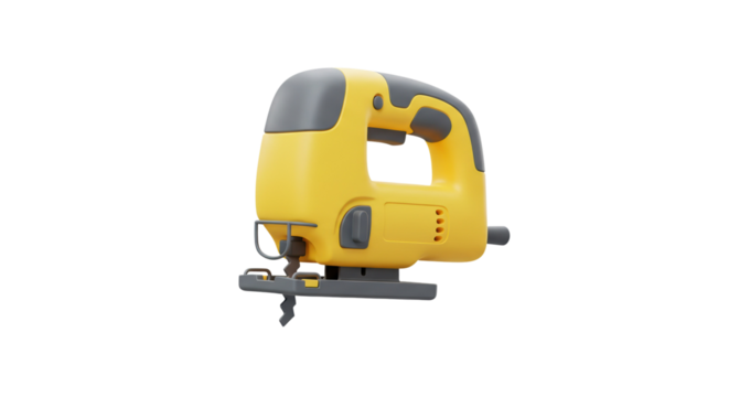 Electric jigsaw tool in yellow and black used for wood cutting and carpentry work isolated on a transparent background, png, cutout.