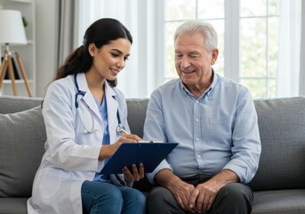 Doctor consulting with senior man isolated on white background