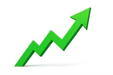 Green zigzag upward arrow representing financial growth and market success on white background