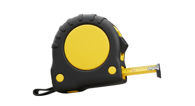 Black and yellow measuring tape for construction, engineering, and handyman tasks isolated on a transparent background, png, cutout.