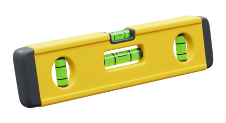 Yellow construction level tool with green bubble indicator for alignment and measurement isolated on a transparent background, png, cutout.