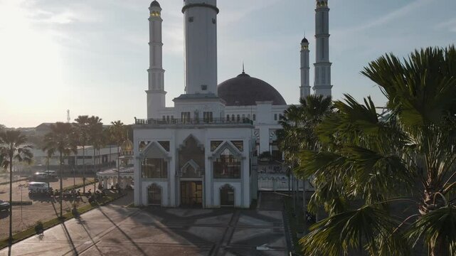 Mujahidin Grand Mosque Pontianak, seen from a height in the afternoon before sunset. The largest and main mosque in Pontianak, the capital city of West Kalimantan Province, Indonesia.