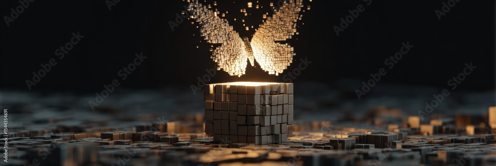 Aufkleber transformation visualizes a butterfly emerging from a cube made of small blocks in a dark space