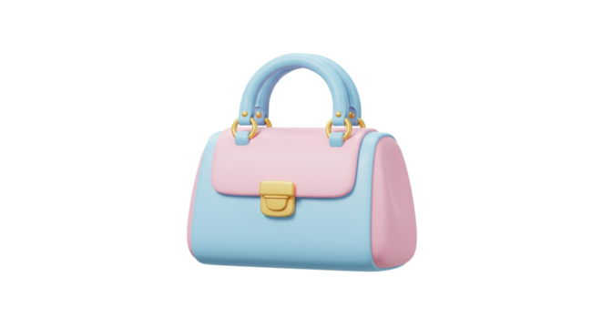 Pastel-colored fashion handbag with golden lock and soft pink-blue design isolated on a transparent background, png, cutout.