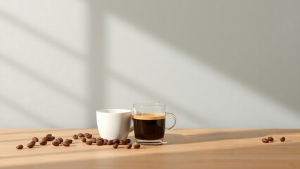 Cups of coffee with coffee beans scattered on wooden table, natural shadows from sunlight in background wall