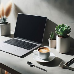 A minimalist workspace with a laptop a cup of espresso and a sma