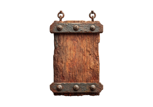 Rustic wooden signboard with metal frame hanging blank, On Transparent Background, Png Image - Powered by Adobe