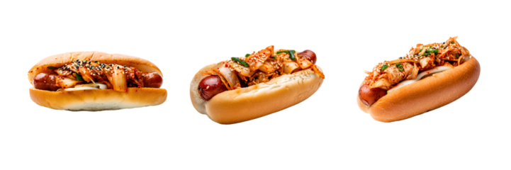 Hot dog with kimchi and sesame on white background, cut out design elements  
