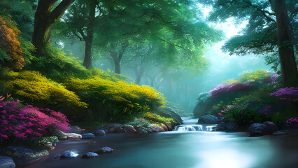 A fantastic landscape of forests, flowers and rivers