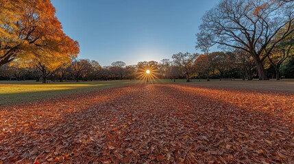 Autumn park scene with vibrant foliage and a sunburst