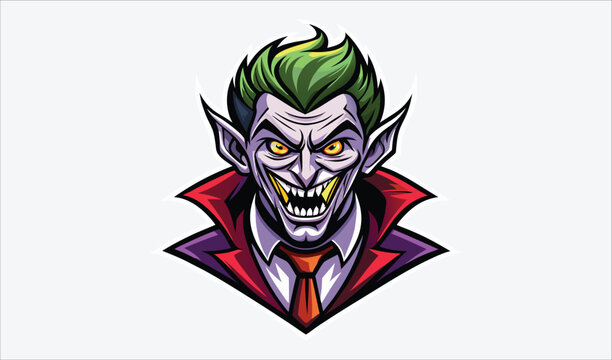 Smiling vampire mascot with green hair