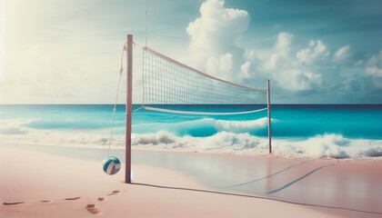 A volleyball net standing alone on a white sand beach waves gent